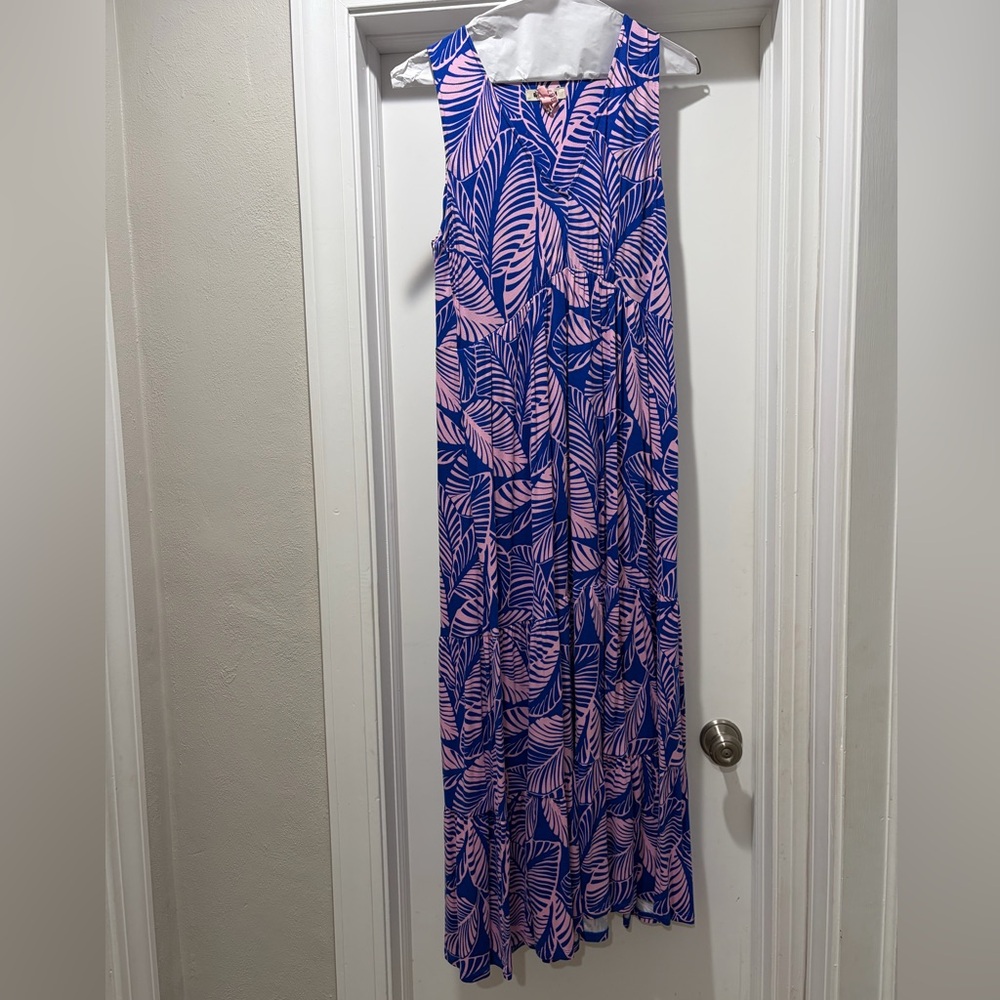 Pink and Blue Leaf Print Maxi Dress by BODEN